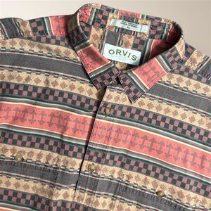 Orvis Men’s XL Brown Tan Aztec Southwest Short Sleeve Shirt Double Chest Pockets